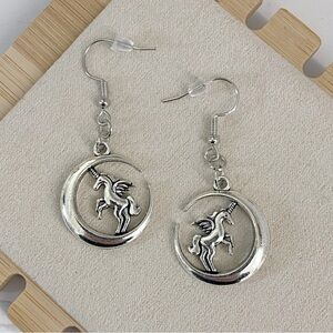 Unicorn And Moon Silver Tone Earrings, Unicorn Gift Ideas, Mythical Fashion